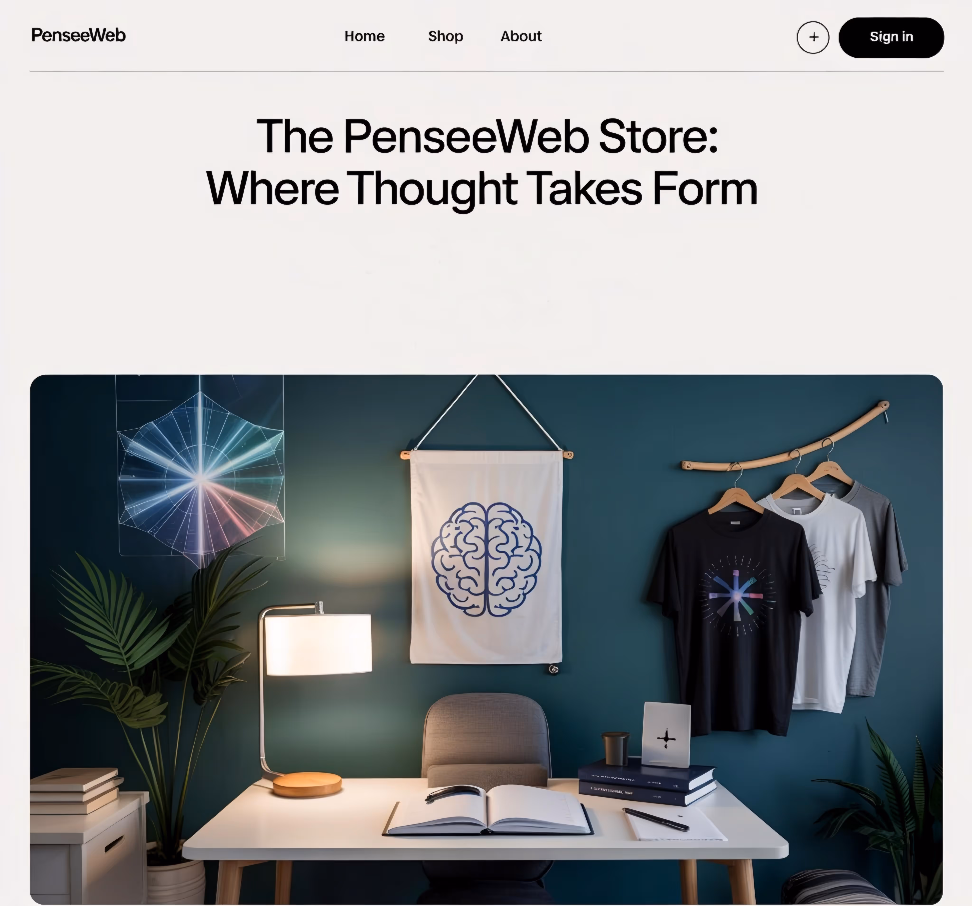 Screenshot of the PenséeWeb online store displaying stationery items such as customizable posters, a t-shirt, an engraved fountain pen, and stickers, with a pink banner offering ₹100 off on orders over ₹500 using the code TRYPENSEE.