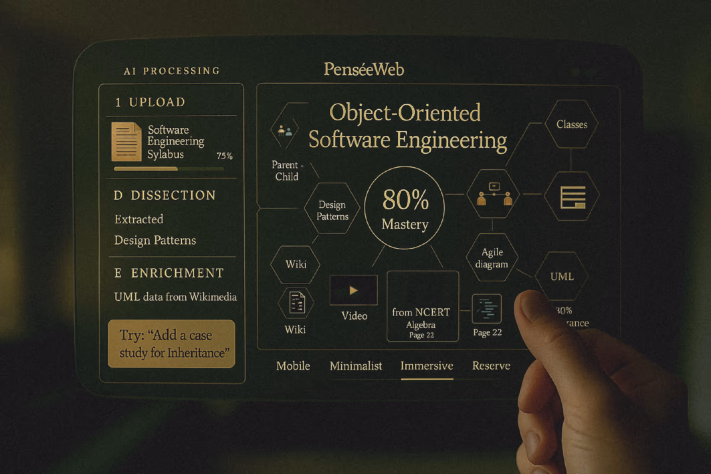 Promotional graphic for PenséeWeb’s segmented processing and expert curation, showing a sample mind map for "Object-Oriented Software Engineering" on a digital interface. Highlights include AI-powered PDF upload, document dissection, enrichment with external data, and generation of thematic micro-mindmaps, resulting in a cohesive, multi-layered knowledge map.