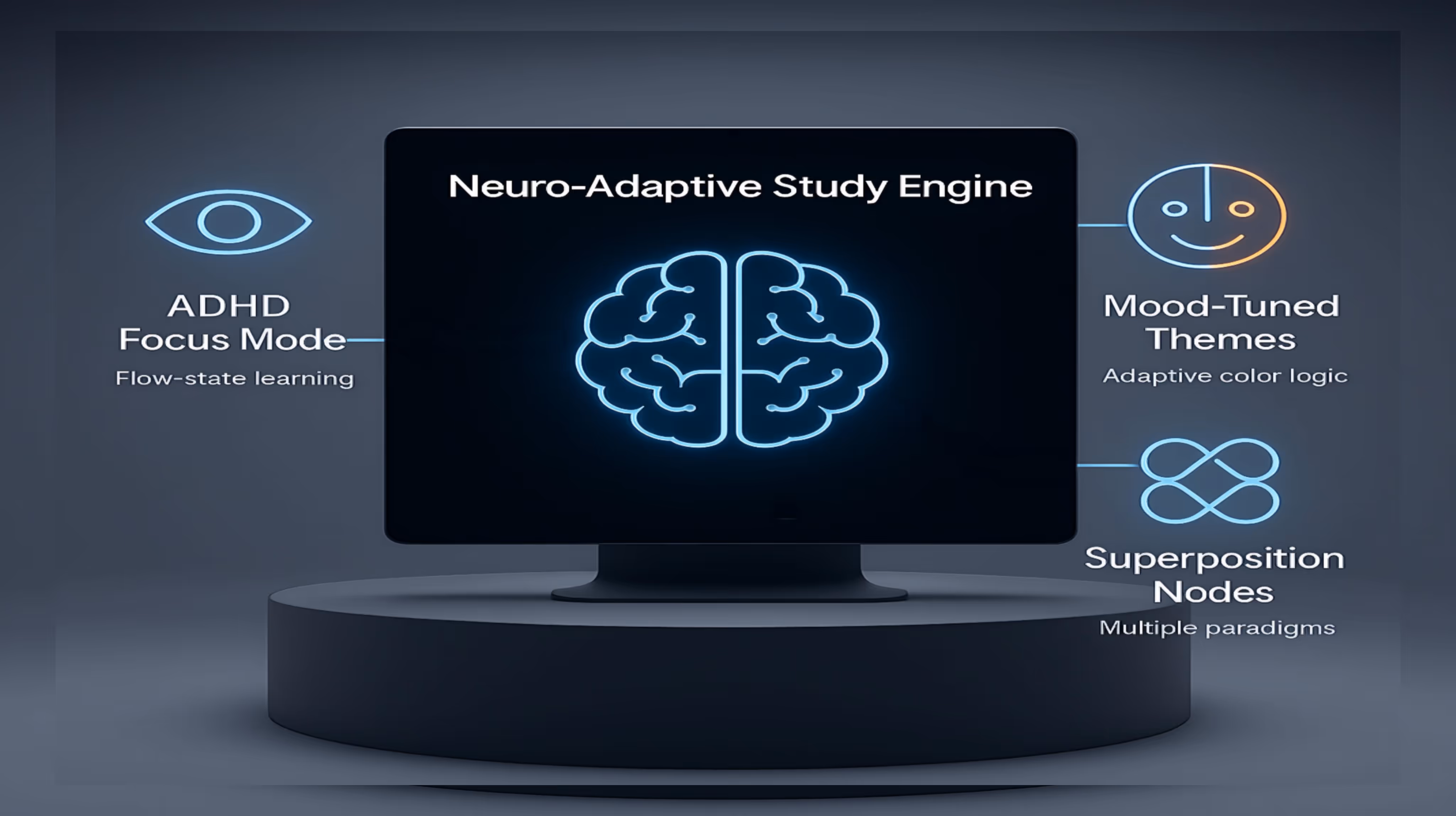Digital illustration of a computer monitor showing a stylized brain, labeled "Neuro-Adaptive Study Engine," with surrounding icons and text highlighting features like ADHD Focus Mode, Mood-Tuned Themes, and Superposition Nodes for adaptive learning.