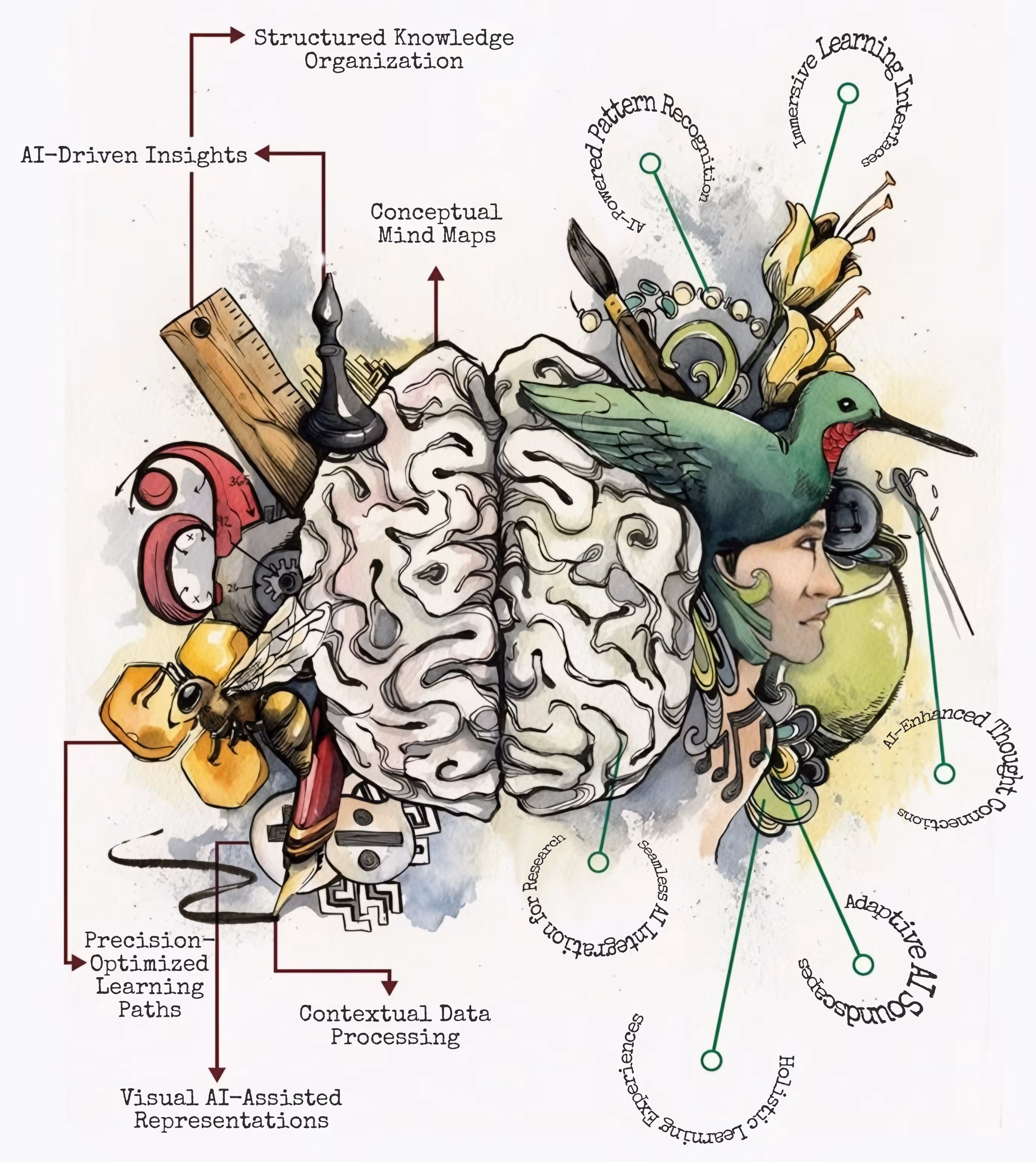 AI-powered mind map illustration featuring a brain at the center with creative elements like a hummingbird, bee, and art supplies, visually representing concepts such as structured knowledge organization, AI-driven insights, conceptual mind maps, precision-optimized learning paths, contextual data processing, immersive learning, adaptive AI experiences, and visual AI-assisted representations.