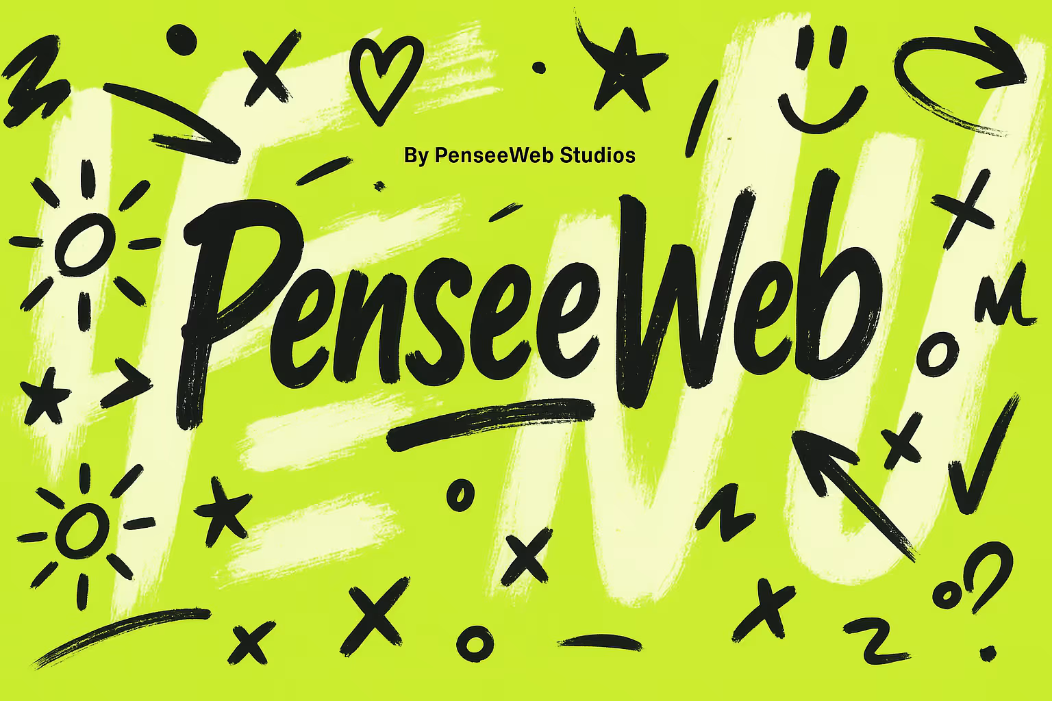Homepage banner for PenséeWeb Studios featuring bold handwritten branding on a green background with black arrows and abstract marks, overlaid with the tagline "The Future of Visual Learning" and a button labeled "Discover the PenseeWeb AI."