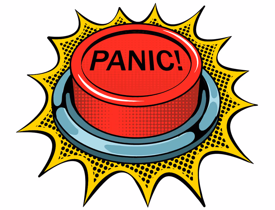 Red cartoon panic button labeled "PANIC!" with a yellow comic-style burst, illustrating PenseeWeb’s Panic Button feature for last-minute exam help and critical focus.